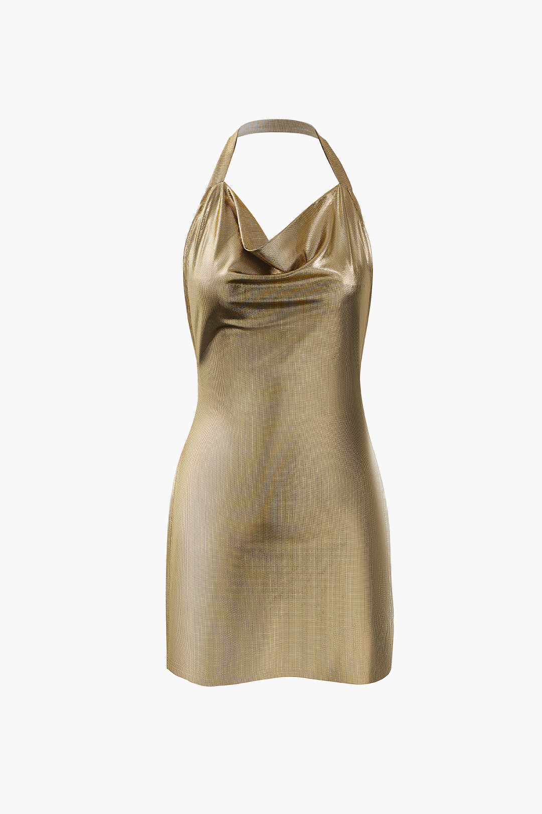 Metallic Halter Cowl Neck Backless Mini Dress