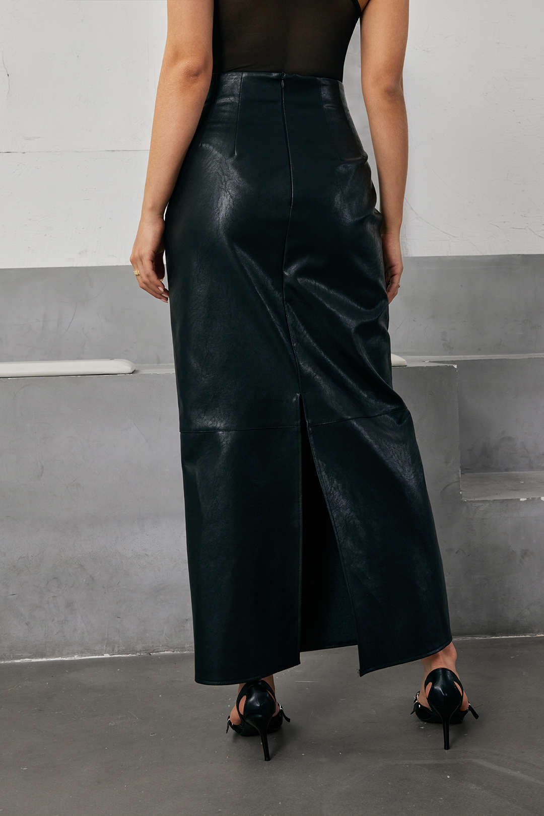 Faux Leather High Waist Split Midi Skirt