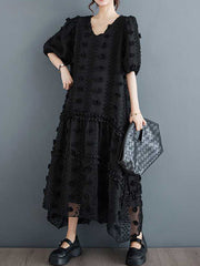 Elasticity Jacquard Solid Color Split-Joint A-Line Half Sleeves V-Neck Midi Dresses