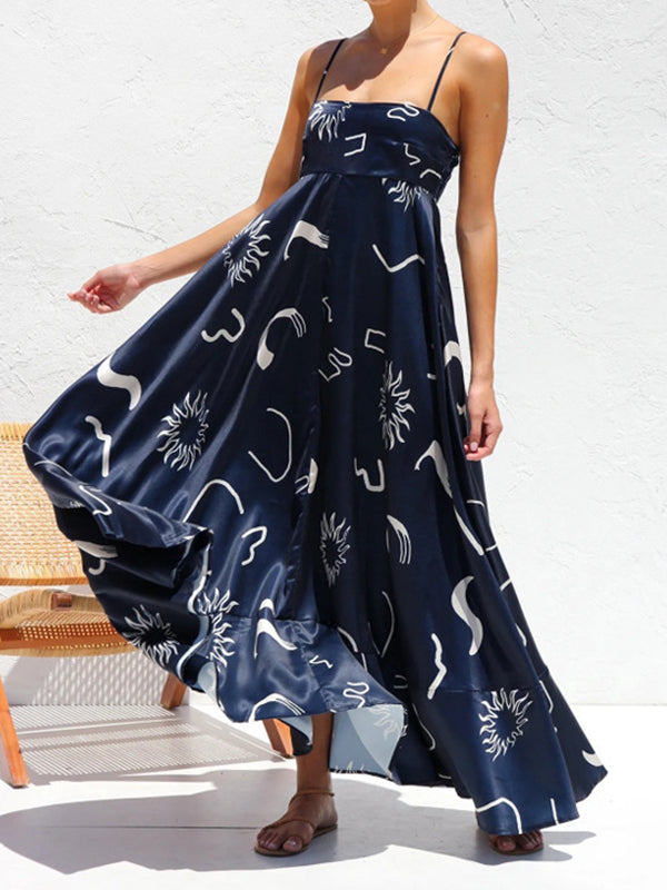 Printed Split-Joint Loose Sleeveless Spaghetti-Neck Maxi Dresses