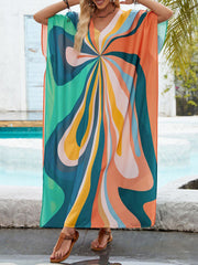 Printed Split-Joint Split-Side Batwing Sleeves Loose V-Neck Maxi Dresses