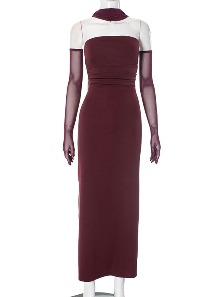 Elegant Tube Top Long Dress Female With Gloves Halter Neck Ribbon Three Pieces Sexy Backless Bodycon Gown Dresses WomanChristmas Gifts