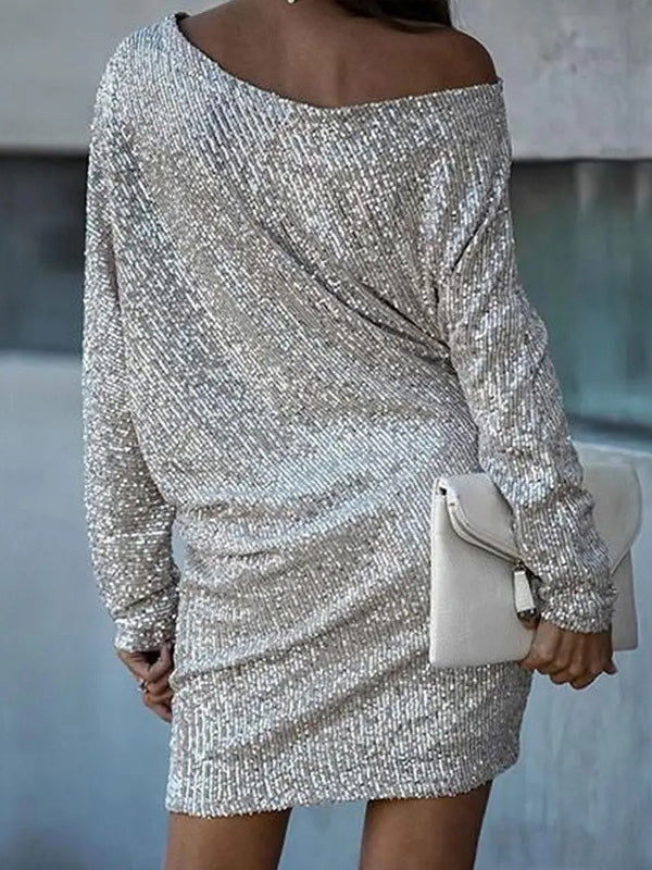 Asymmetric Sequined Solid Color A-line Loose One-shoulder Short Dresses Mini Dresses