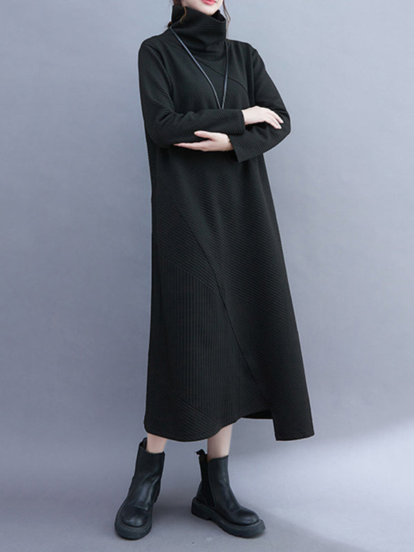 Vintage Irregularity Long Sleeves Solid Color High-Neck Midi Dresses