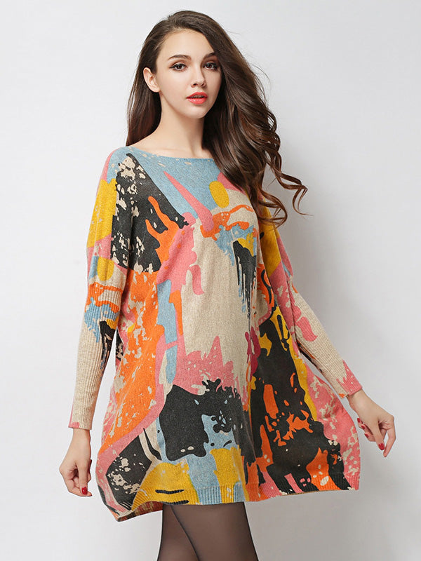 Vintage Wool Blend Contrast Color Printed Sweater