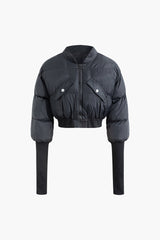 Solid Stand Collar Zipper Crop Puffer Jacket