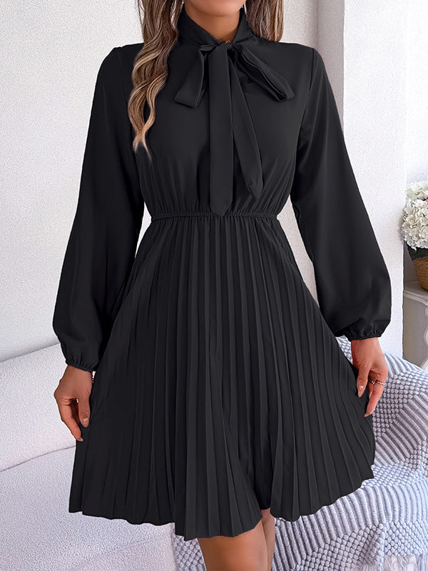 Pleated Solid Color Tied Long Sleeves Loose Mock Neck Mini Dresses