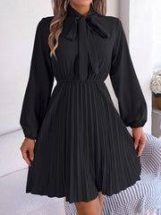Pleated Solid Color Tied Long Sleeves Loose Mock Neck Mini Dresses