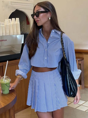 Modischer Anzug mit blauem Streifenmuster für Damen, elegante Langarm-Crop-Tops mit Knopfleiste und Faltenröcke mit hoher Taille, 2-teiliges Set, Weihnachtsgeschenke 