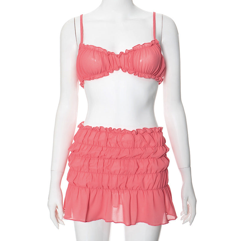 Sexy Camisole-Oberteil mit niedriger Taille, gestapelter gerüschter Rock, 2-teiliges Set, einfarbig, ärmellos, rückenfrei, Strandurlaub, Sommer-Outfit 