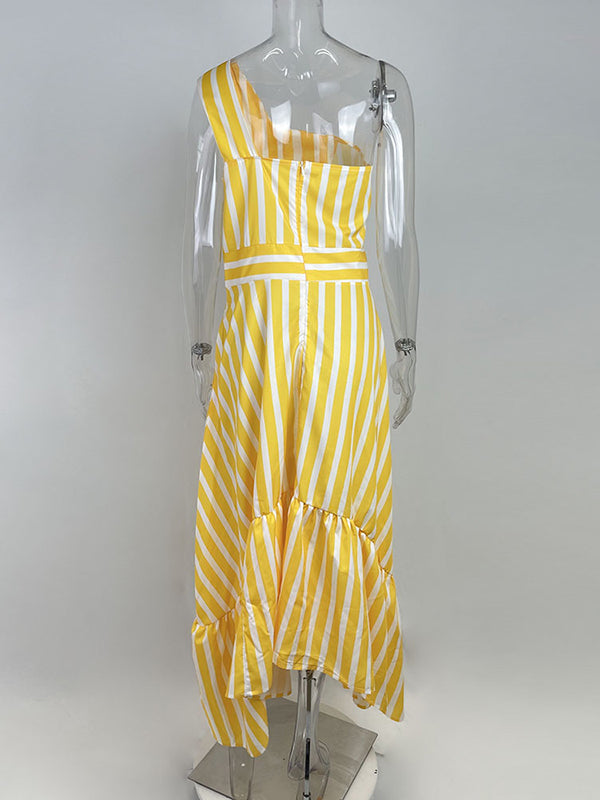 High Waisted Loose Asymmetric Hollow Pleated Pockets Split-Joint Striped Zipper One-Shoulder Midi Dresses