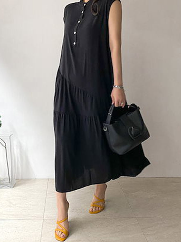 Buttoned Pleated Ruffled Solid Color Split-Joint Tiered A-Line Loose Stand Collar Midi Dresses