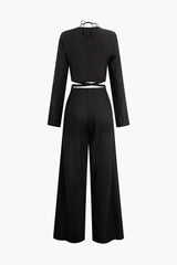 Long Sleeve Halter Tie Crop Top And Wide Leg Pants Set
