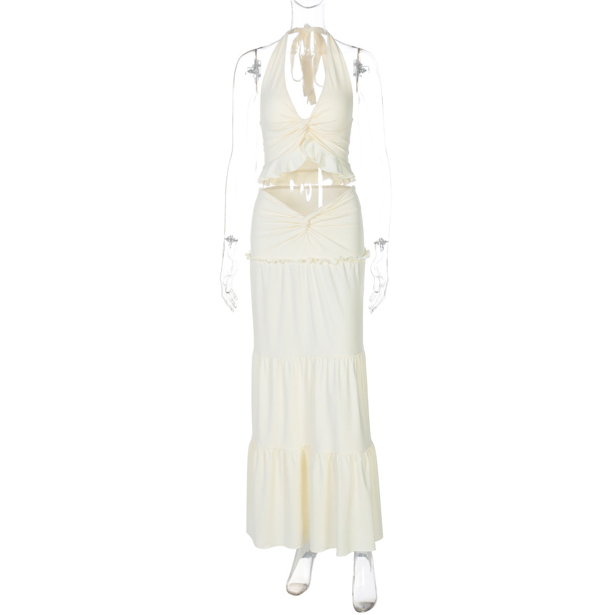 Sexy Röcke Zweiteiliges Set Damen V-Ausschnitt Pilz Neckholder Sling Top Twist Slim Fit Lange Röcke Urlaub Passende Sets 