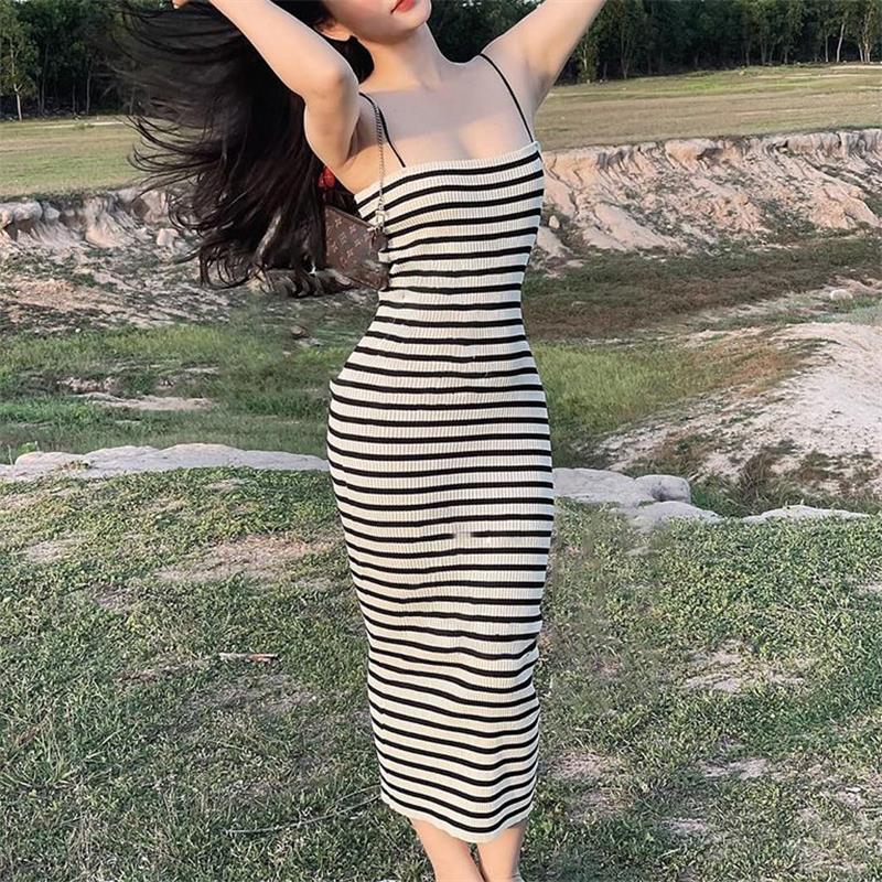 Striped Knitted Slim Dresses Women's Summer Skinny Sleeveless Bodycon Long Dress Casual Holiday Wrap Hip Sundress