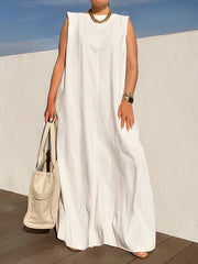 Loose Sleeveless Shoulder Pad Solid Color Round-Neck Maxi Dresses