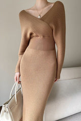 Solid Cross V-neck Long Sleeve Sweater Dress