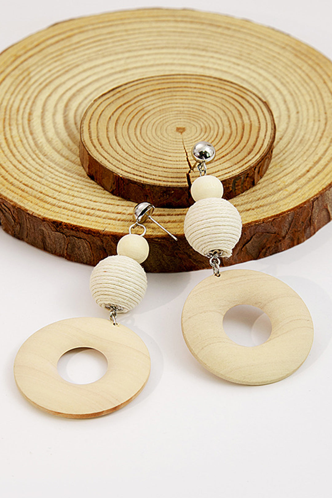 Woven Ball & Cutout Wood Circle Earrings