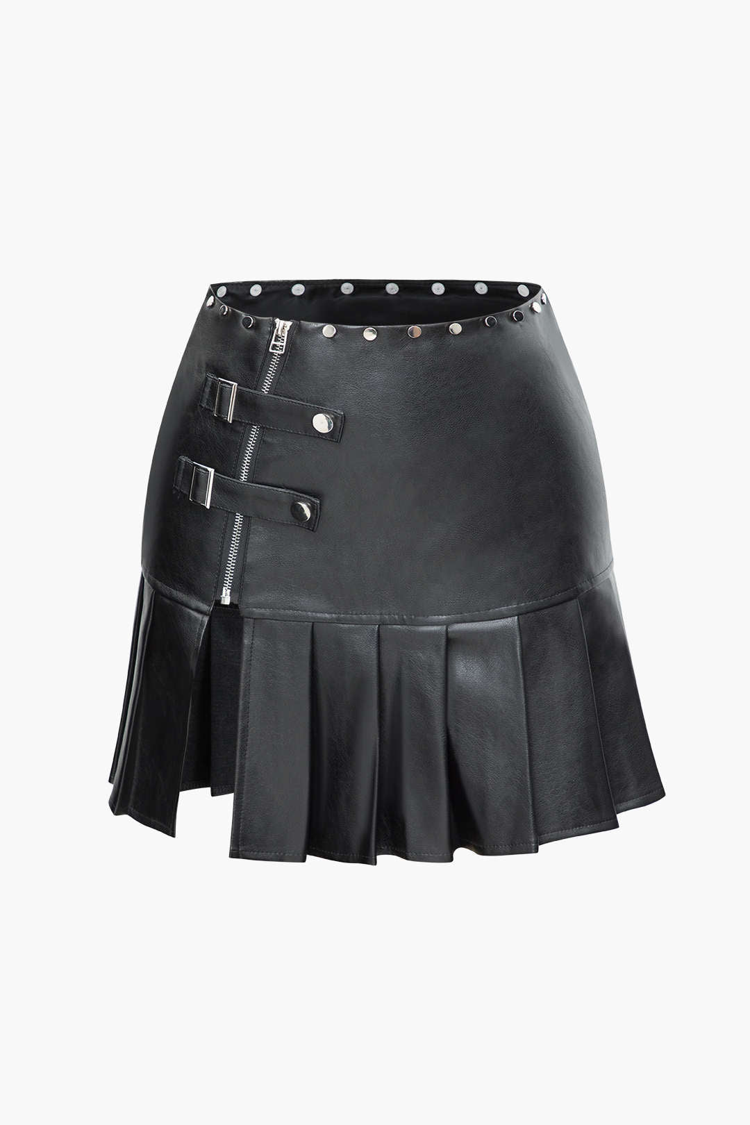 Faux Leather Zipper Pleated Mini Skirt