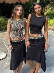 Fashion Double Wear Skirt Suit Female Leopard Print Lace Up Sleeveless Vest Irregular Splice Skirt Two Pieces Set Women's