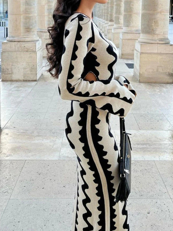 Hollow Printed High Waisted Long Sleeves Round-Neck Maxi Dresses