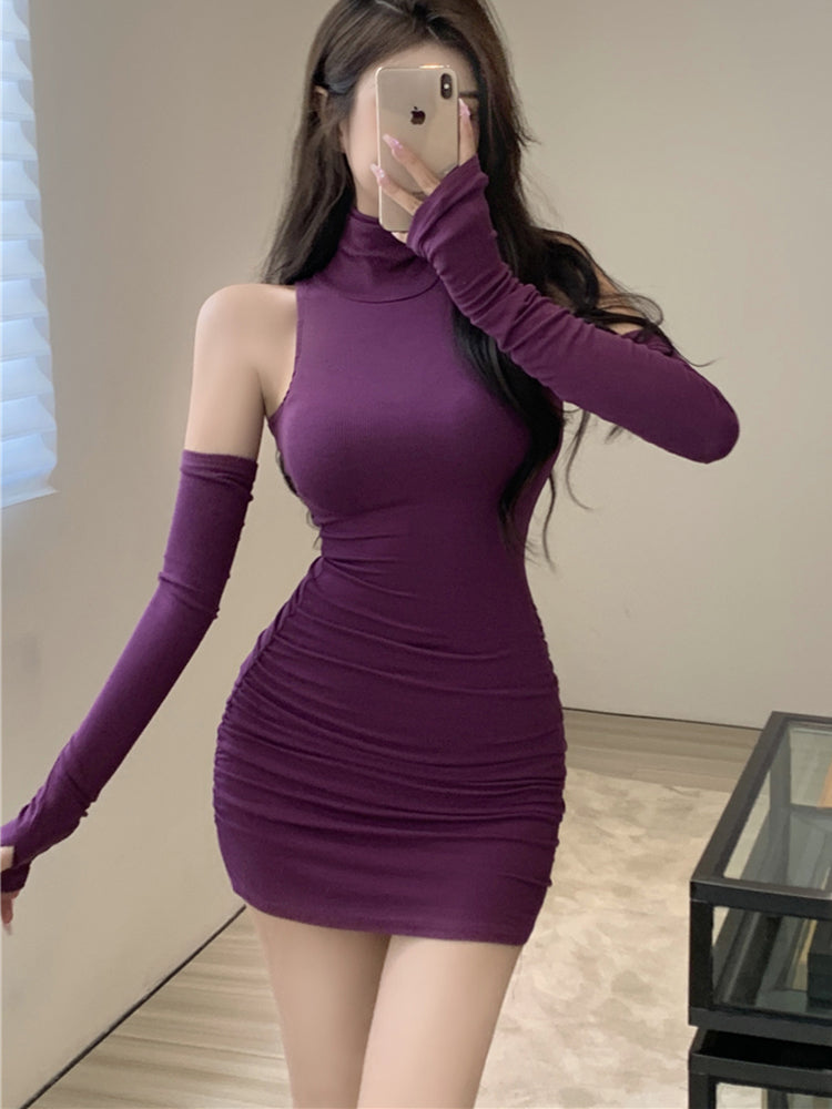 2025 New Women's Mini Dress Sleeveless Pleated Skinny Dress High Neck Lace Up Autumn Black Tight Elastic Party Tank Dresses