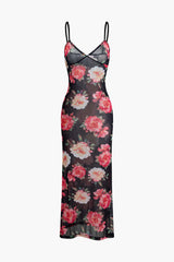 Floral Print Sheer Mesh Cami Maxi Dress