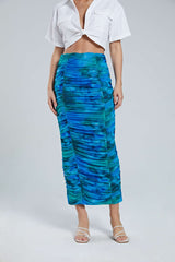 Abstract Print Gathered Slit Midi Skirt