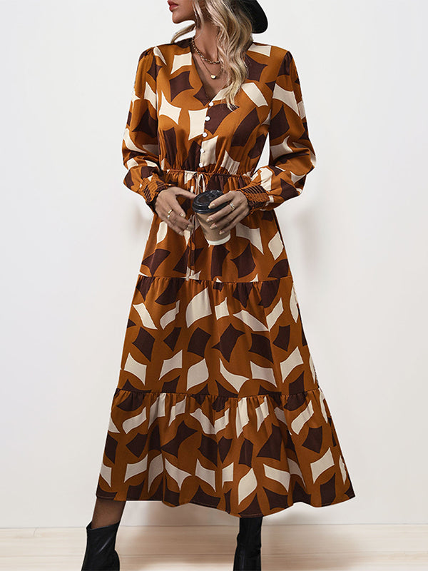 A-Line Long Sleeves Buttoned Elasticity Pleated Printed Split-Joint Tied Waist V-Neck Midi Dresses