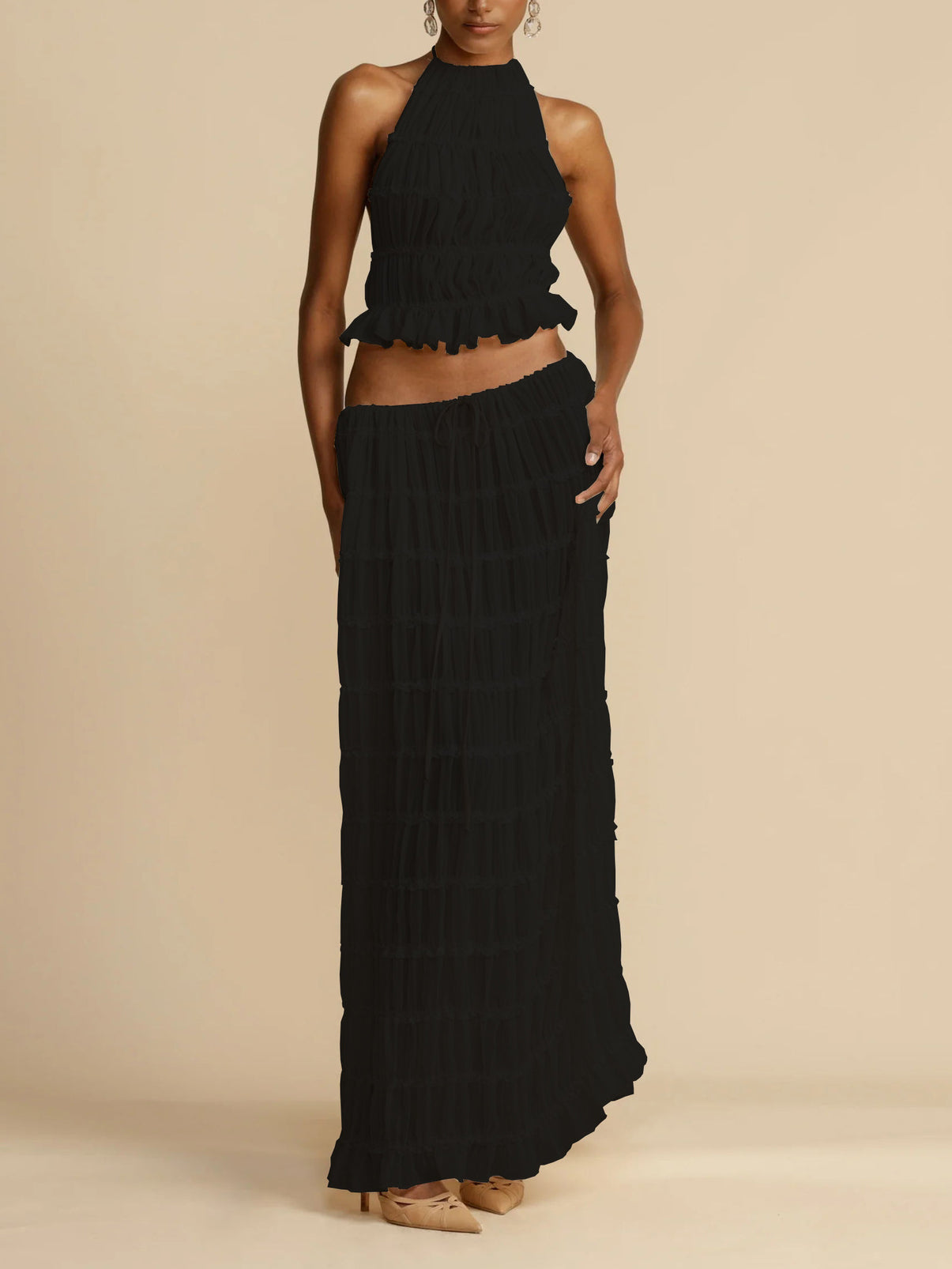 Sexy rückenfreier Neckholder-Riemchen-Plissee-Spitzenweste mit langem Rockanzug für Frauen, Netz-Spleiße, solide Sommer-Strandparty-Outfits, Weihnachtsgeschenke 