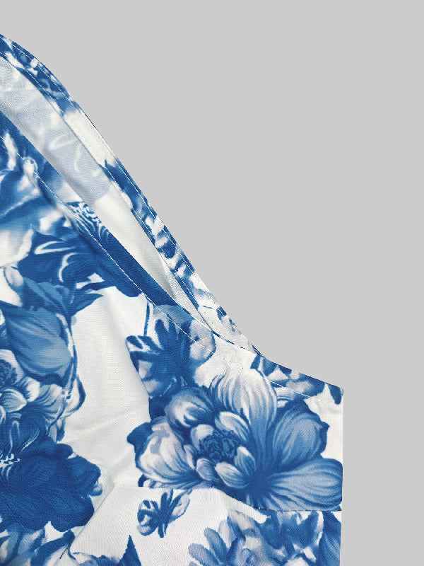 Flower Print Split-Joint A-line Loose Lapel Maxi Dresses