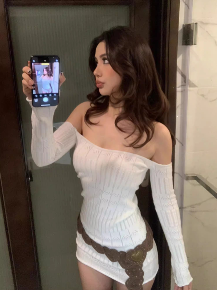 Sexy Hollow Out Strapless Mini Dress For Women White Off-shoulder Long Sleeve Bodycon Club Party Autumn Knitted Sweater Dress