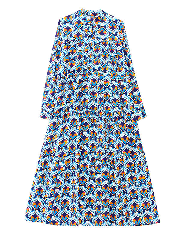 Vintage Long Sleeves Loose Buttoned Contrast Color Printed Stand Collar Midi Dresses