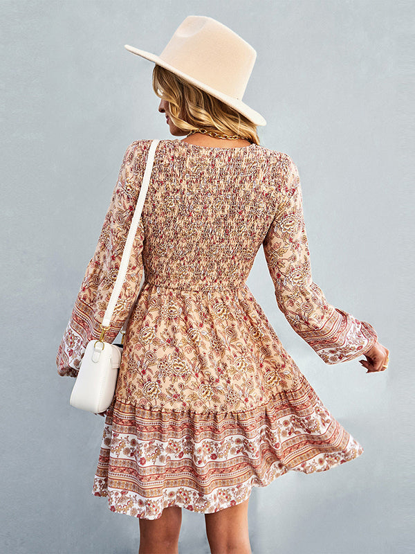 Bohemia A-Line Loose Floral Printed V-Neck Dress