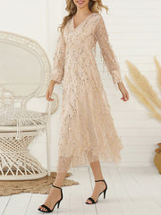 Long Sleeves Loose Gauze Pockets See-Through Sequined Split-Joint V-Neck Evening Dresses Midi Dresses