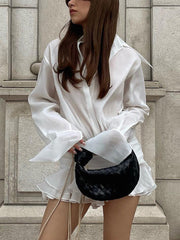 White Chiffon Mini Dress For Women Casual Loose Oversized Pleated Mini Dress See-through Summer Beach Elegant Shirt DressChristmas Gifts