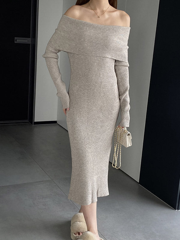 Solid Color Bodycon Long Sleeves Off-The-Shoulder Midi Dresses