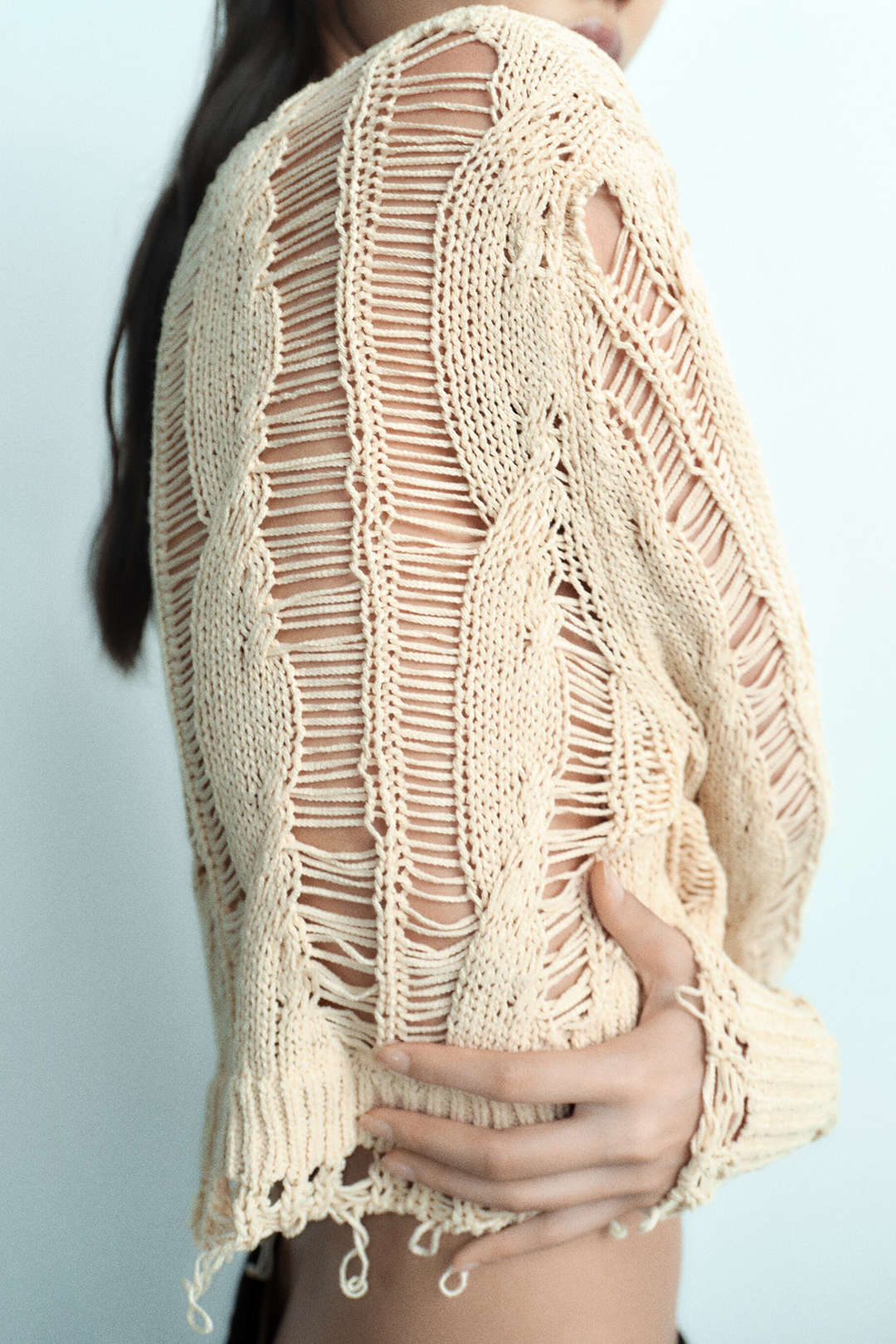 Distressed Laddered Knit Long Sleeve Crop Cover-Up Top