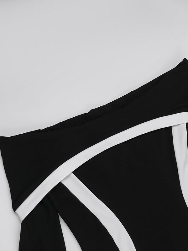 Bodycon Long Sleeves Contrast Color Split-Joint Off-The-Shoulder Evening Dresses Maxi Dresses