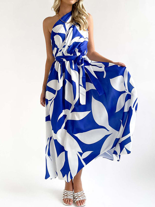Bandage Contrast Color Hollow Printed Loose Sleeveless One-Shoulder Midi Dresses