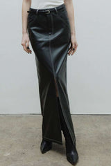 Stitching Detail Faux Leather Split Maxi Skirt