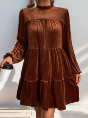 A-Line Long Sleeves Pleated Solid Color Split-Joint Velvet Mock Neck Mini Dresses