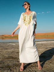 Vacation Loose Solid Color V-Neck Dress