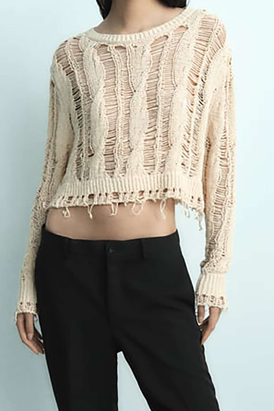 Distressed Laddered Knit Long Sleeve Crop Cover-Up Top