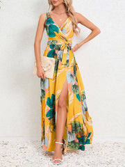 Flower Print Pleated Split-Front Tied Waist A-Line Loose V-Neck Maxi Dresses