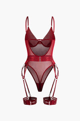 Sheer Mesh Belted Backless Bodysuit With Glove