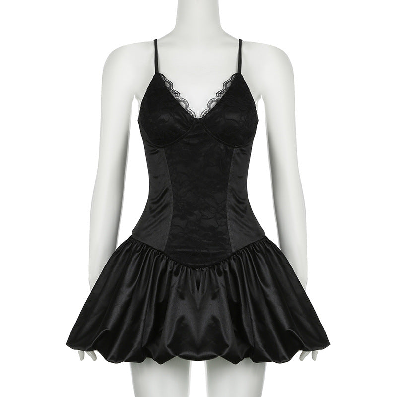 Sexy V-Neck Bud Suspender Dress For Women Solid Lace Patchwork Sleeveless High Waisted Backless Slim Fit Mini Dresses NewChristmas Gifts