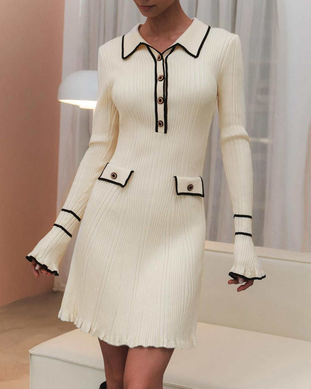 Knitted Mini Dress Women Autumn Winter Ruffled Rib High Waist Elegant Dresses Womens Long Sleeve Banquet Dress For WomanChristmas Gifts