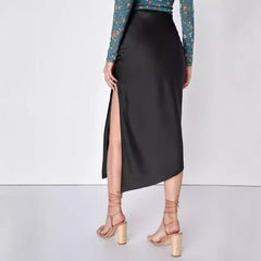 Damen Satinrock Sexy Asymmetrischer Hoher Taille Elastischer Maxirock Mode Einfarbig Elegant Party Damen Schlitzrock 