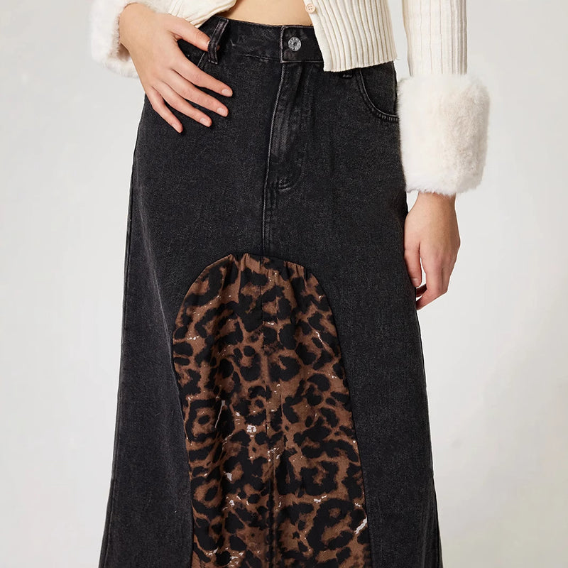 Leopard Splice Denim Rock Für Frauen Herbst Neue Streetwear Vielseitig Midi Rock Hohe Taille Slit Print Lady Fashion Rock 